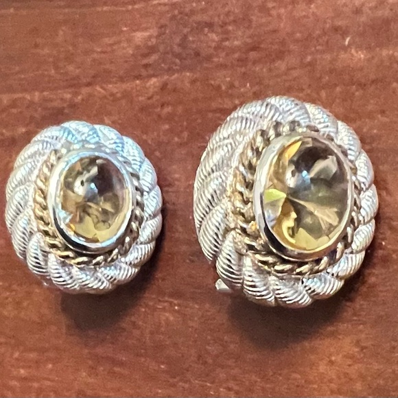 Judith Ripka Silver Citrine Quartz Cabachon Earrings | 925 Gold Accents EUC #410 - Picture 4 of 11